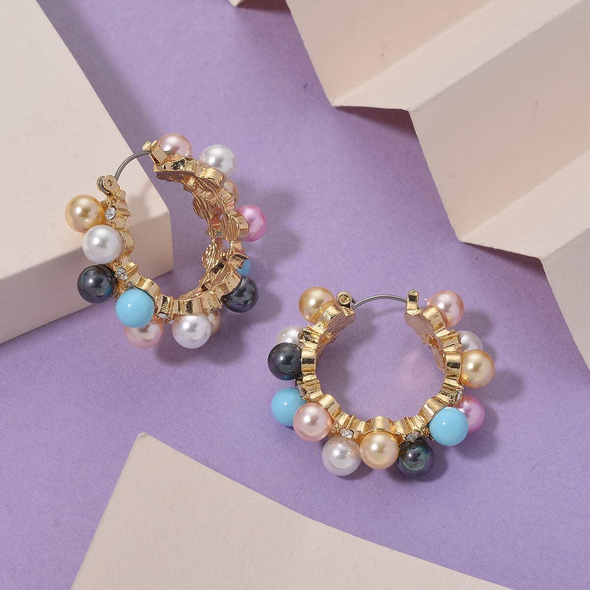 Multi Color Shell Pearl and Austrian Crystal Hoop Earrings in Goldtone image number 1