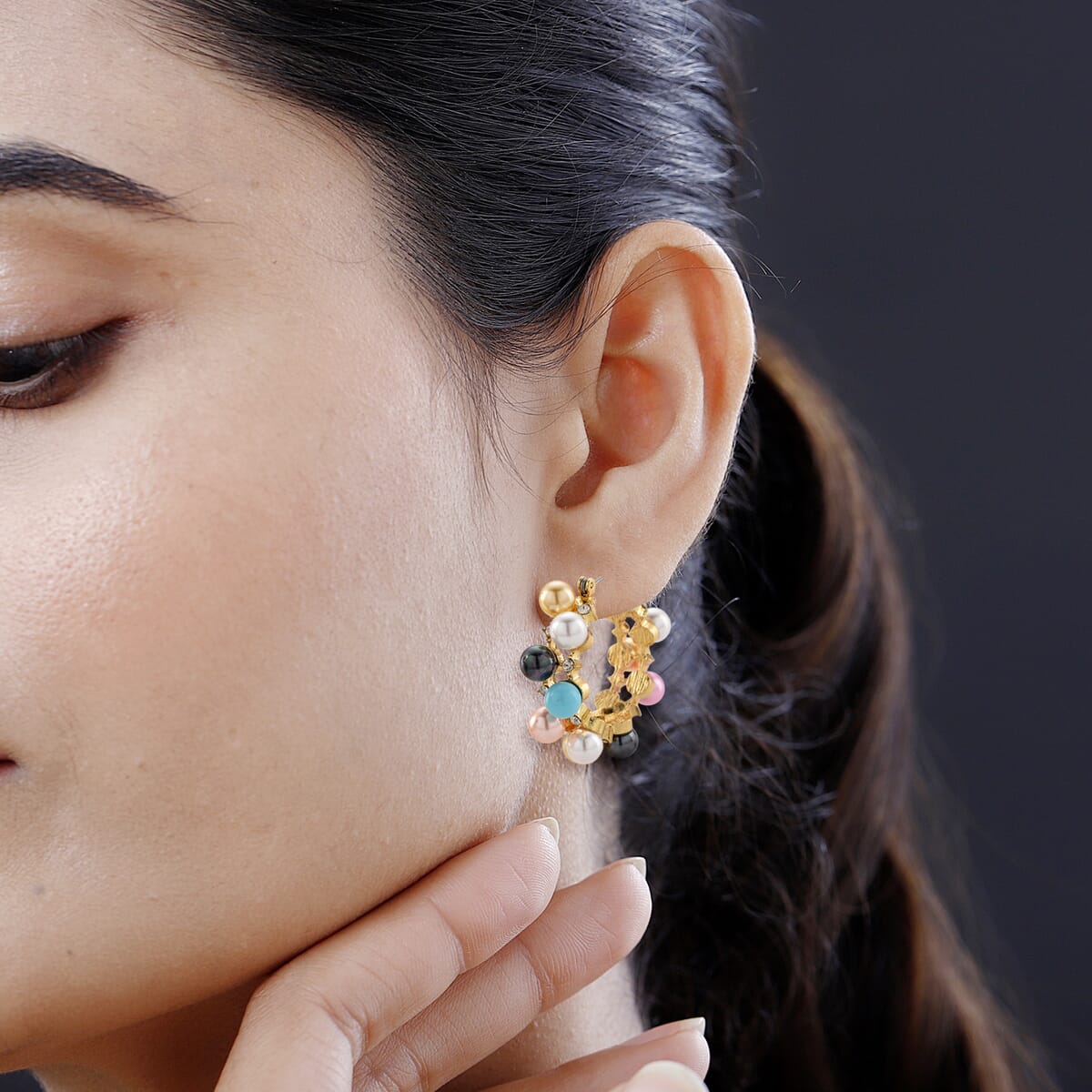 Multi Color Shell Pearl and Austrian Crystal Hoop Earrings in Goldtone image number 2