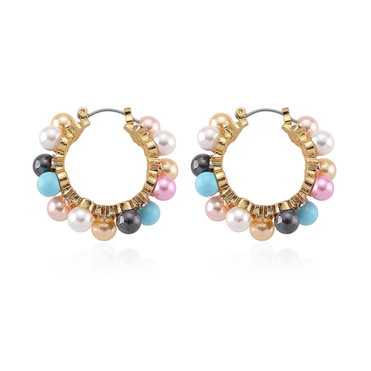 Multi Color Shell Pearl and Austrian Crystal Hoop Earrings in Goldtone image number 3