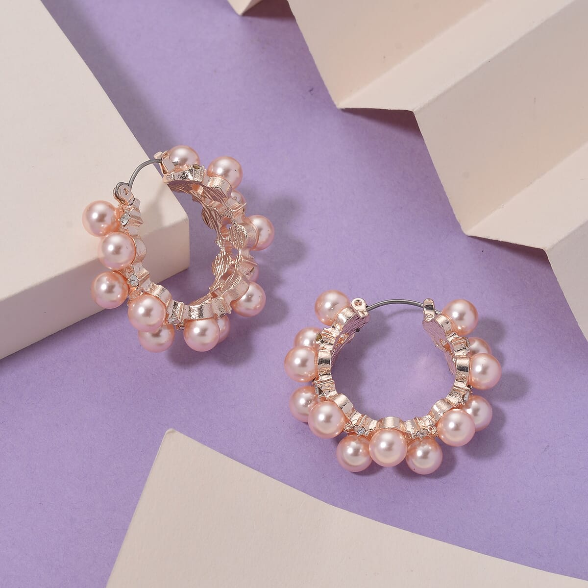 Pink Shell Pearl and Austrian Crystal Hoop Earrings in Rosetone image number 1