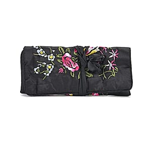 Livmore Royal Black Floral Embroidery Pattern Satin Travel Jewelry Roll Organizer