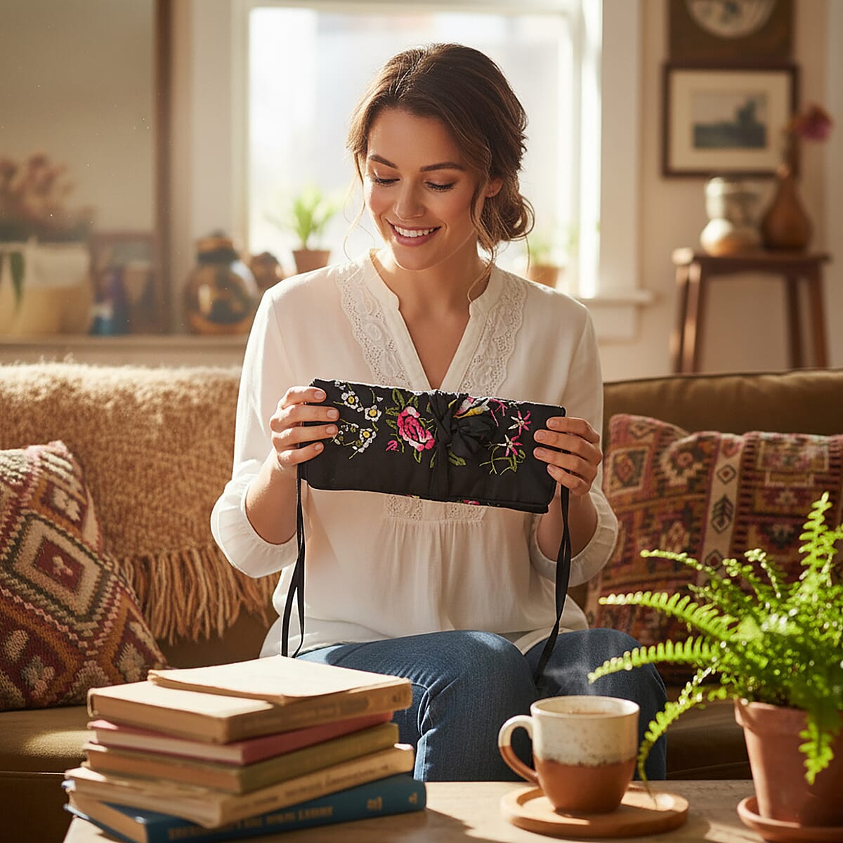 Livmore Royal Black Floral Embroidery Pattern Satin Travel Jewelry Roll Organizer image number 1