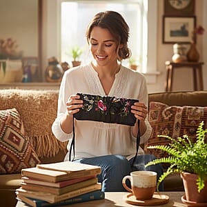 Livmore Royal Black Floral Embroidery Pattern Satin Travel Jewelry Roll Organizer