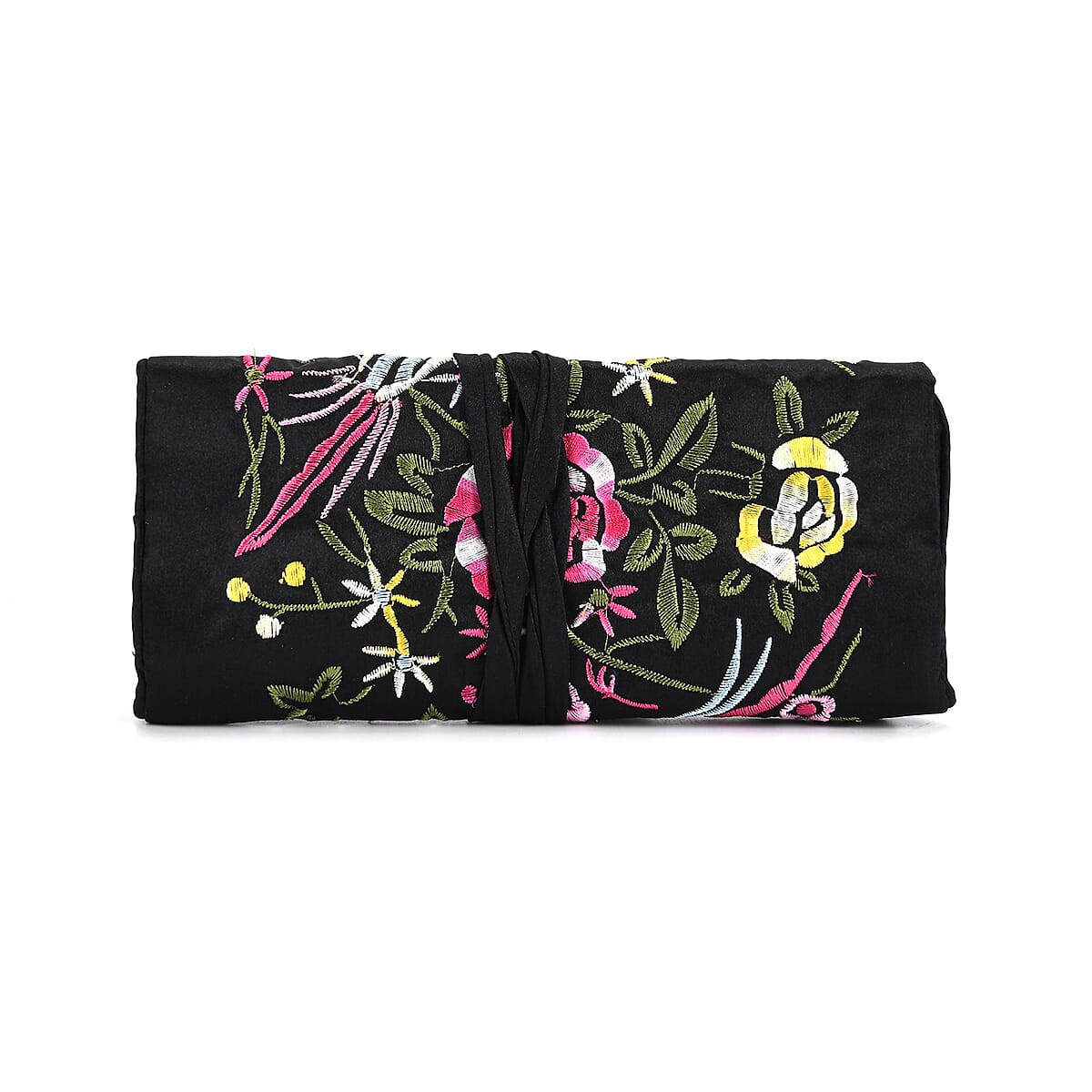 Livmore Royal Black Floral Embroidery Pattern Satin Travel Jewelry Roll Organizer image number 2