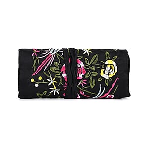 Livmore Royal Black Floral Embroidery Pattern Satin Travel Jewelry Roll Organizer