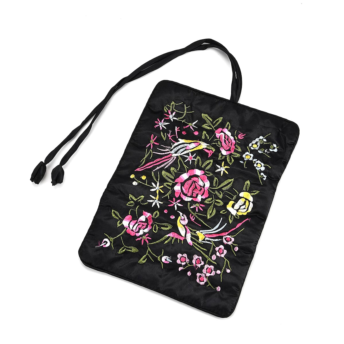 Livmore Royal Black Floral Embroidery Pattern Satin Travel Jewelry Roll Organizer image number 3