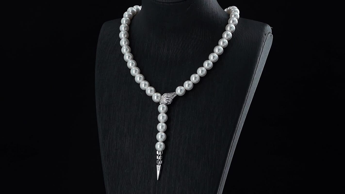 White Shell Pearl, Simulated Diamond Necklace (20 Inches) in Silvertone 1.50 ctw