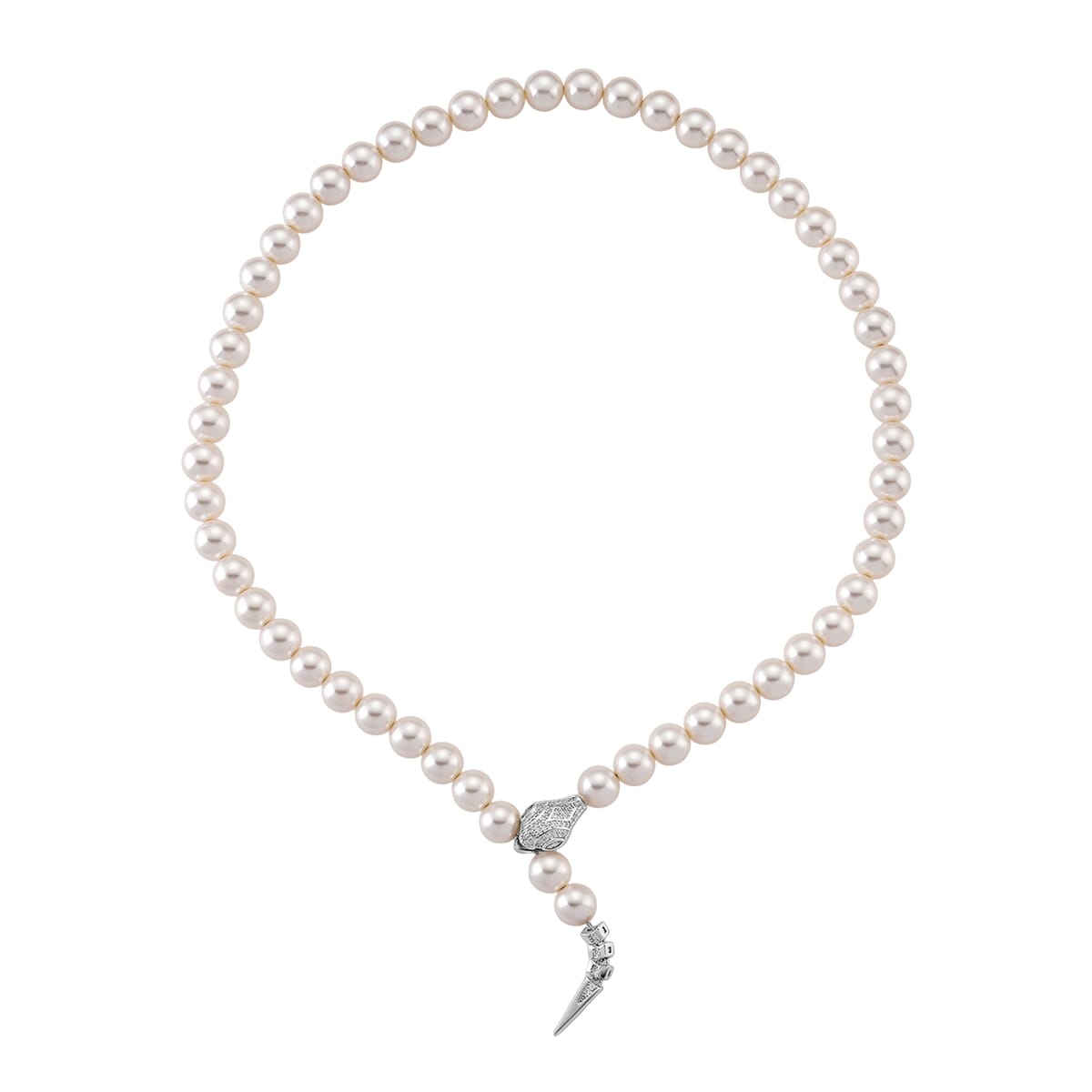 White Shell Pearl, Simulated Diamond Necklace (20 Inches) in Silvertone 1.50 ctw image number 2