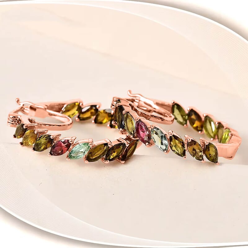 D'Joy Multi-Tourmaline Hoop Earrings in 18K Vermeil RG Over Sterling Silver 8.96 ctw