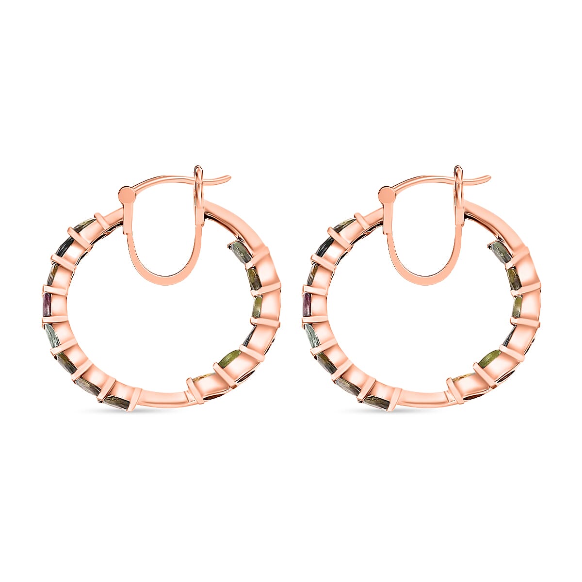 D’joy Multi-Tourmaline 8.96 ctw Hoop Earrings in 18K Vermeil Rose Gold Over Sterling Silver (Del. in 10-12 Days) image number 3