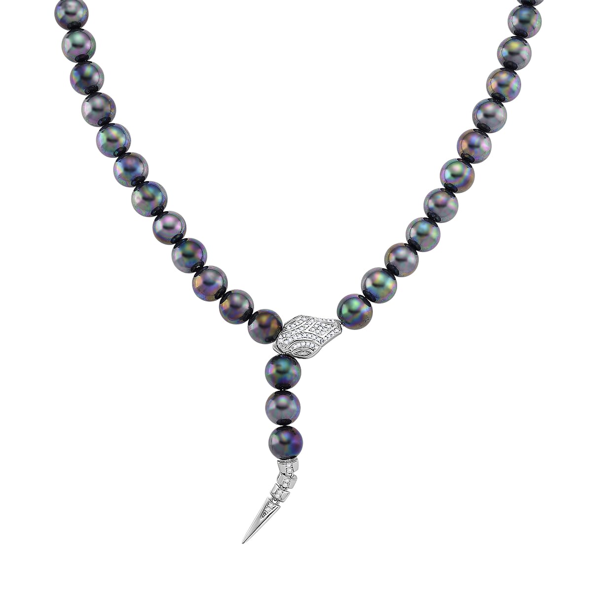 Peacock Color Shell Pearl and Simulated Diamond 1.50 ctw Necklace (20 Inches) in Silvertone image number 0