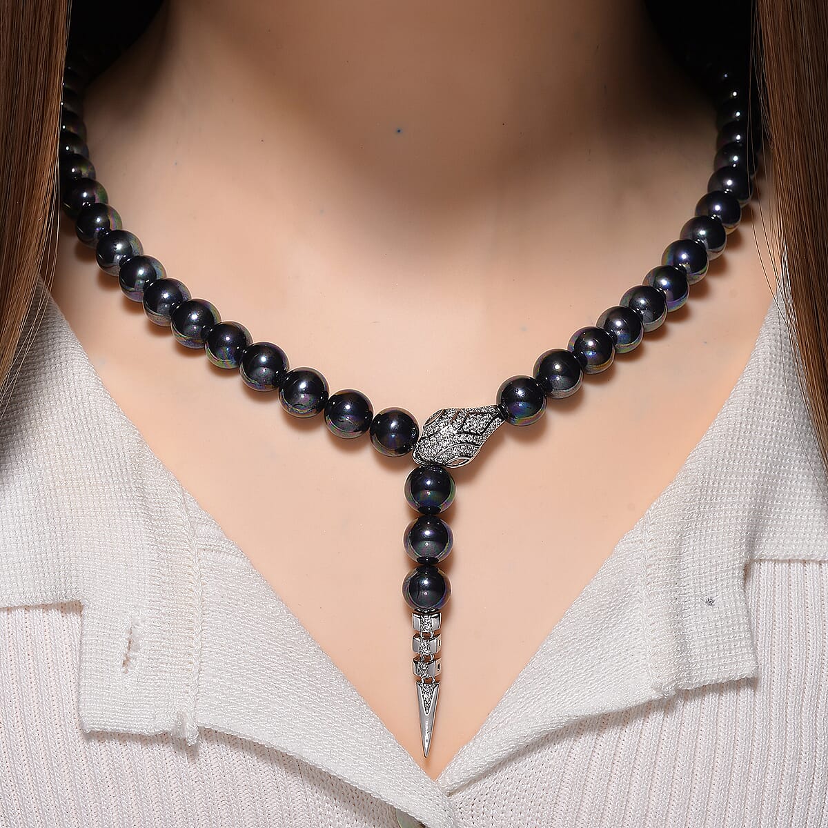 Peacock Color Shell Pearl and Simulated Diamond 1.50 ctw Necklace (20 Inches) in Silvertone image number 1