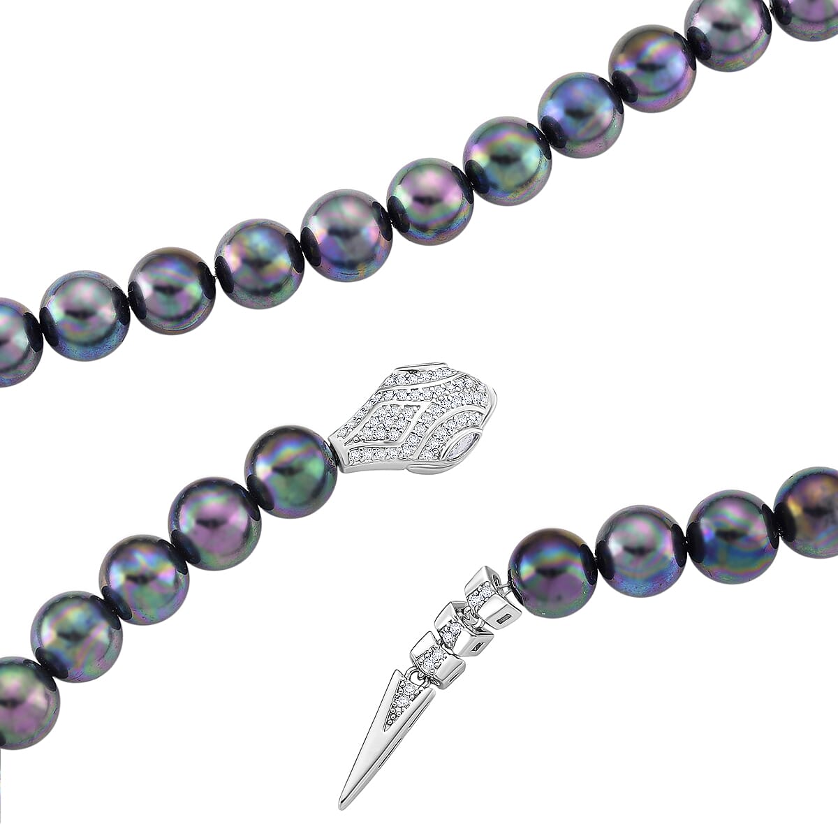 Peacock Color Shell Pearl and Simulated Diamond 1.50 ctw Necklace (20 Inches) in Silvertone image number 3