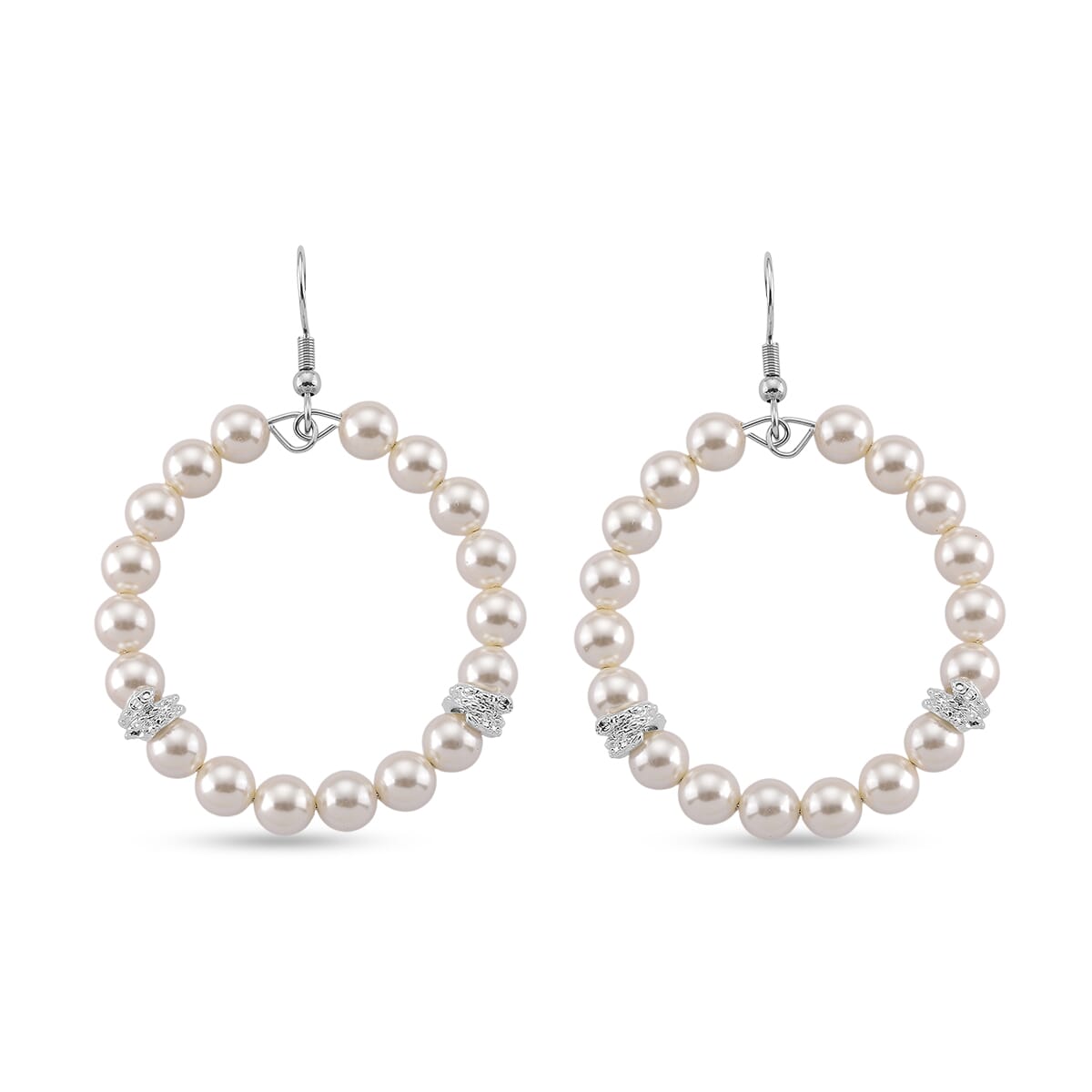 White Shell Pearl Hoop Earrings in Silvertone and Stainless Steel image number 0