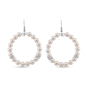 White Shell Pearl Hoop Earrings in Silvertone and Stainless Steel