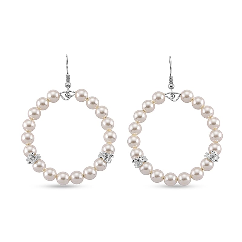 Lumina Pearl White Color Hoop Earrings in Silvertone and Stainless Steel