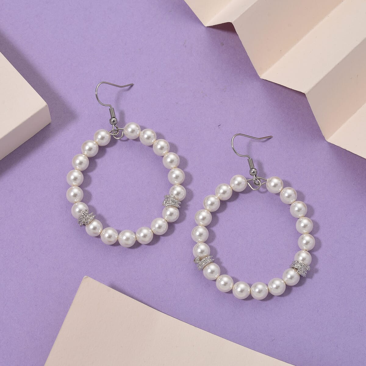 White Shell Pearl Hoop Earrings in Silvertone and Stainless Steel image number 1
