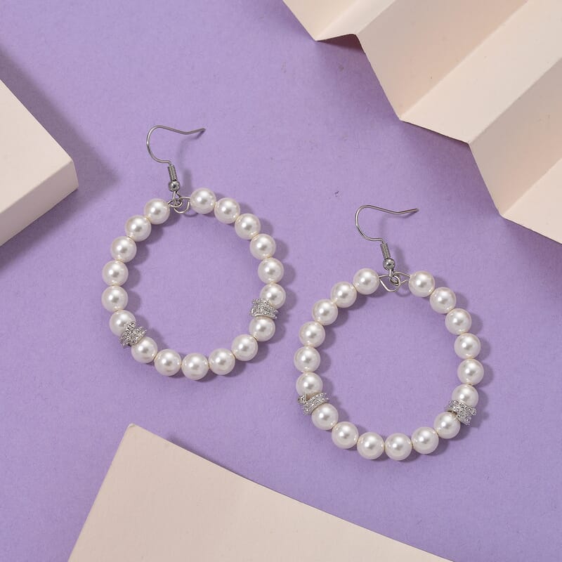 Lumina Pearl White Color Hoop Earrings in Silvertone and Stainless Steel