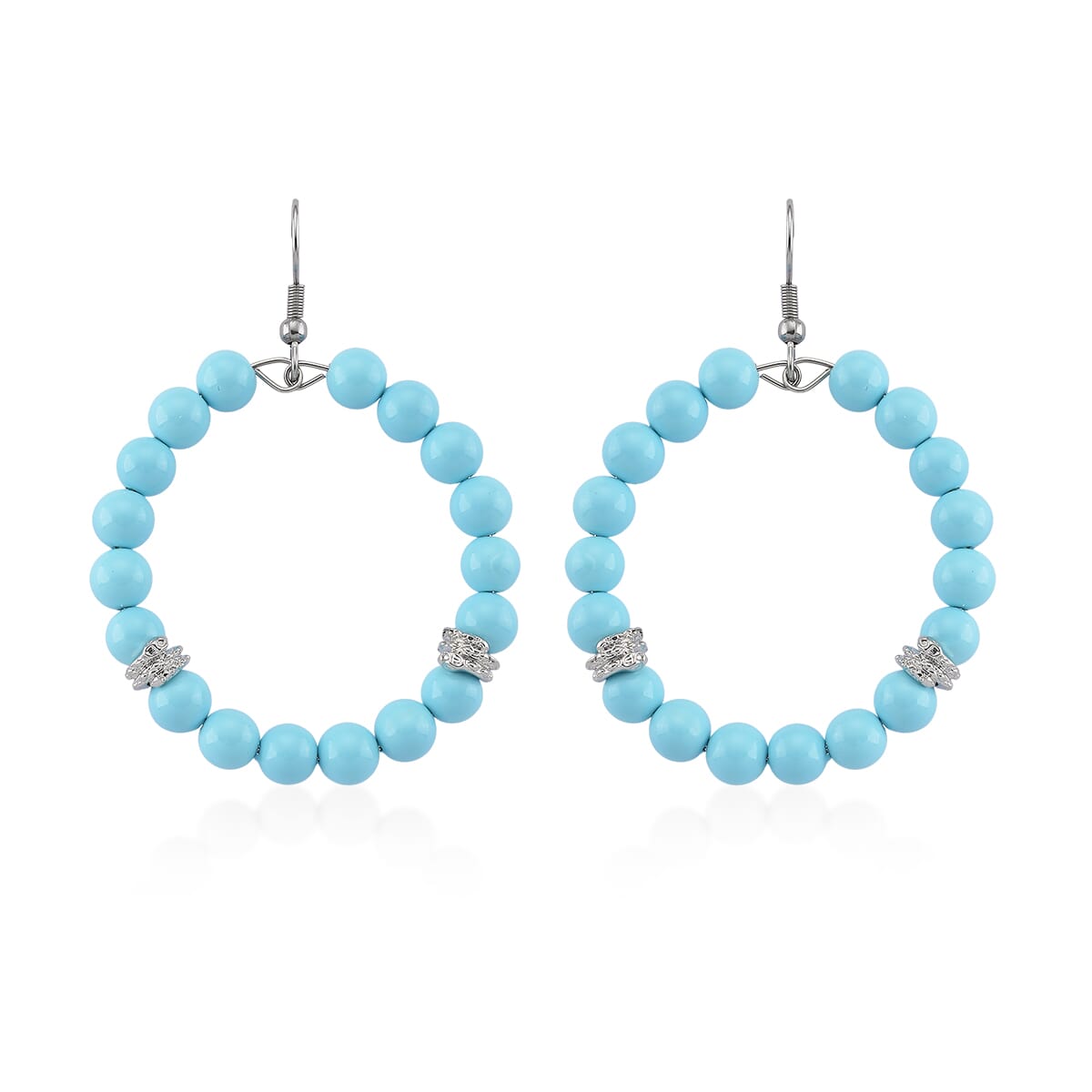 Sleeping Beauty Color Shell Pearl Hoop Earrings in Silvertone and Stainless Steel image number 0