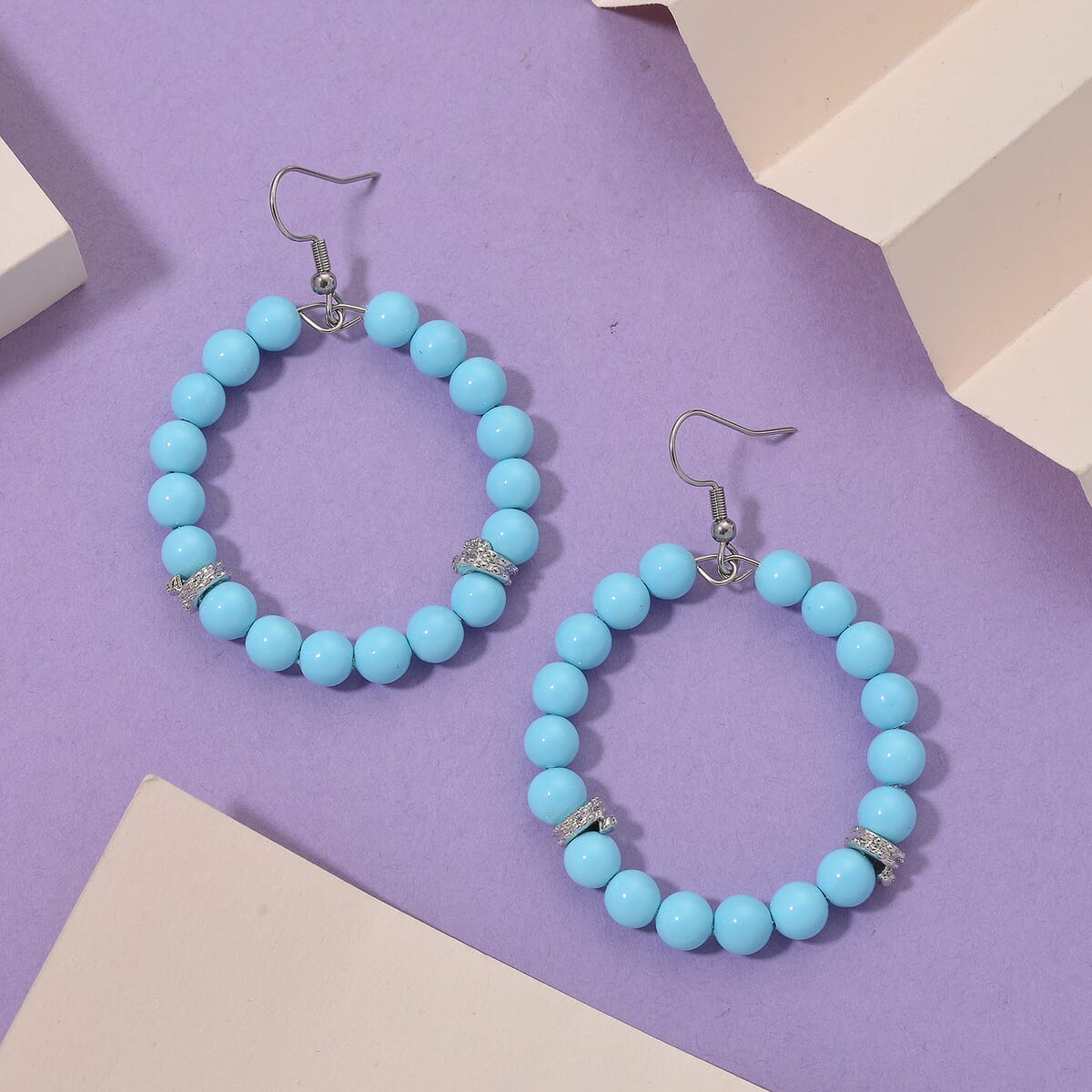 Sleeping Beauty Color Shell Pearl Hoop Earrings in Silvertone and Stainless Steel image number 1