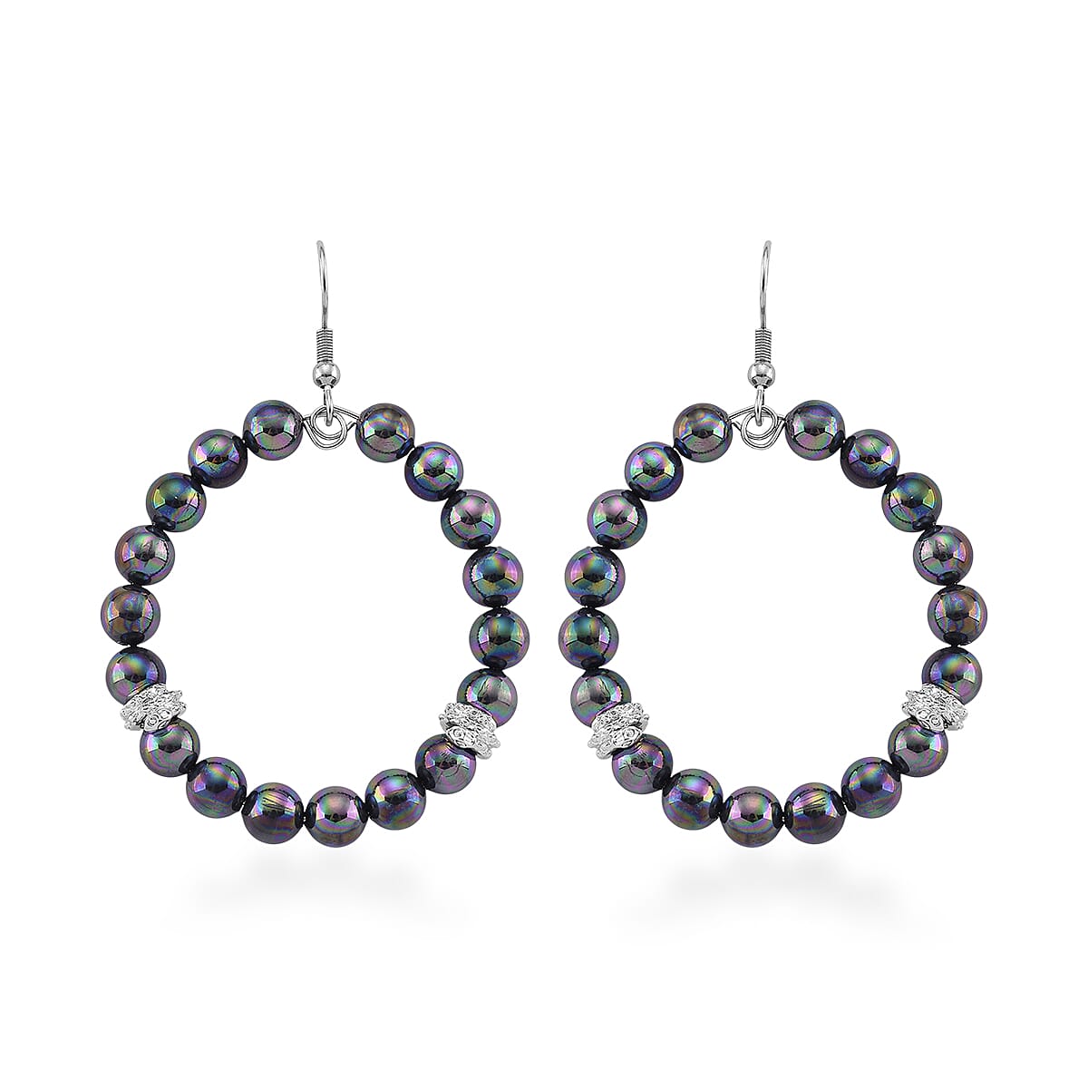 Lumina Pearl Peacock Color Hoop Earrings in Silvertone and Stainless Steel image number 0