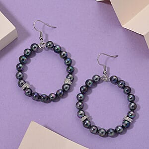 Lumina Pearl Peacock Color Hoop Earrings in Silvertone and Stainless Steel