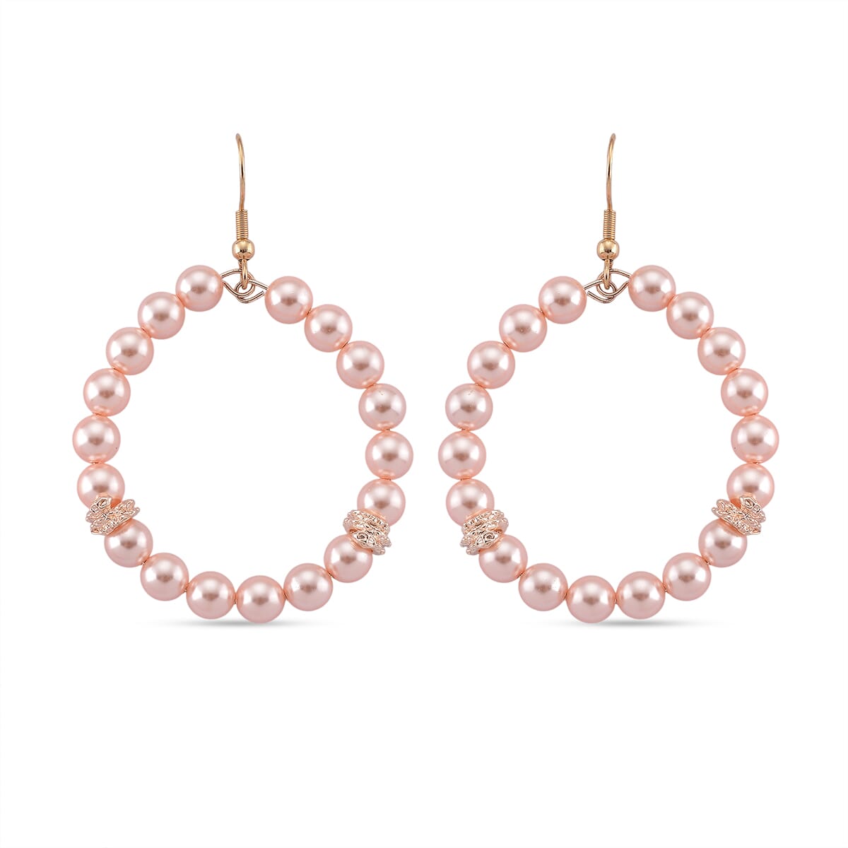 Pink Shell Pearl Hoop Earrings in Rosetone and ION Plated RG Stainless Steel image number 0