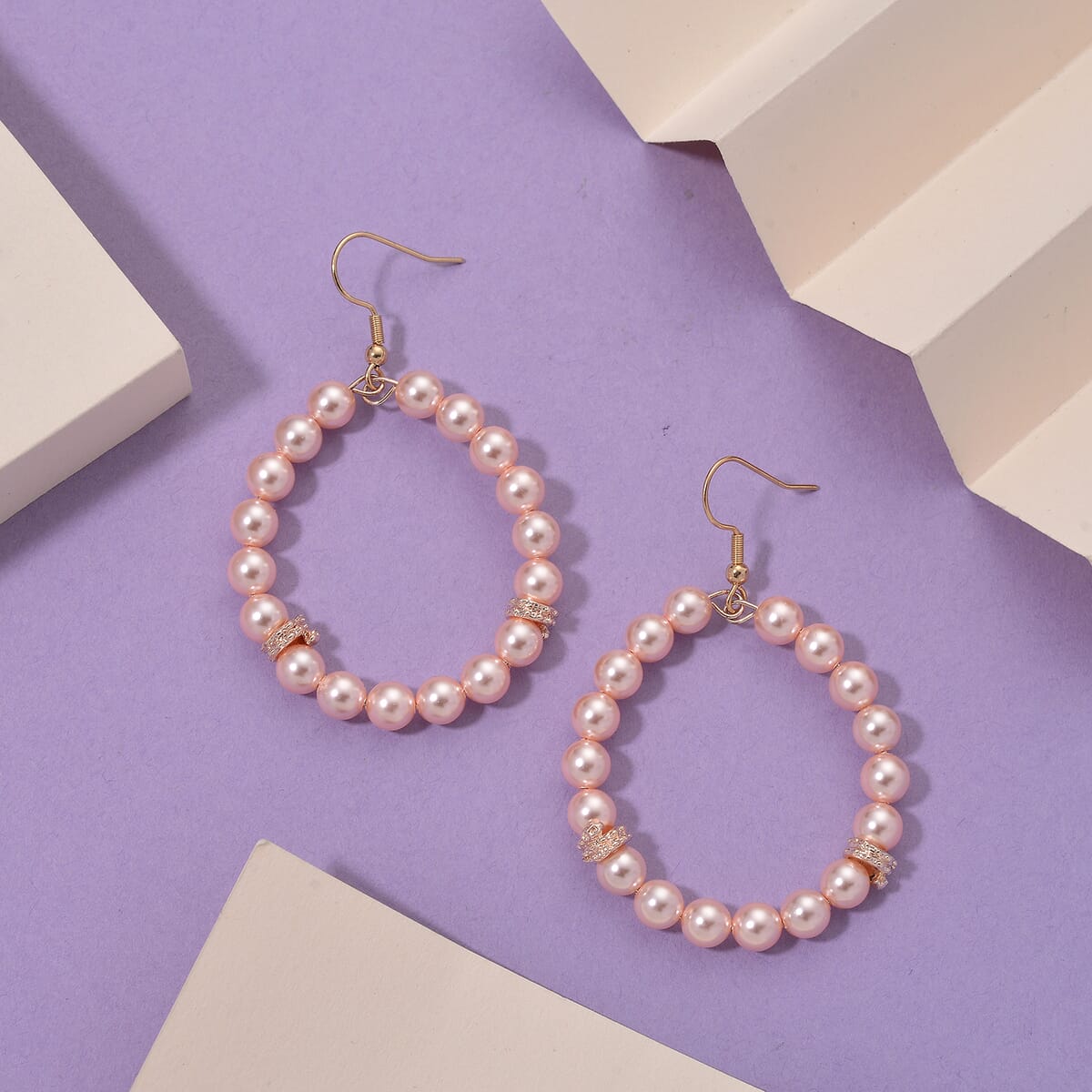 Pink Shell Pearl Hoop Earrings in Rosetone and ION Plated RG Stainless Steel image number 1