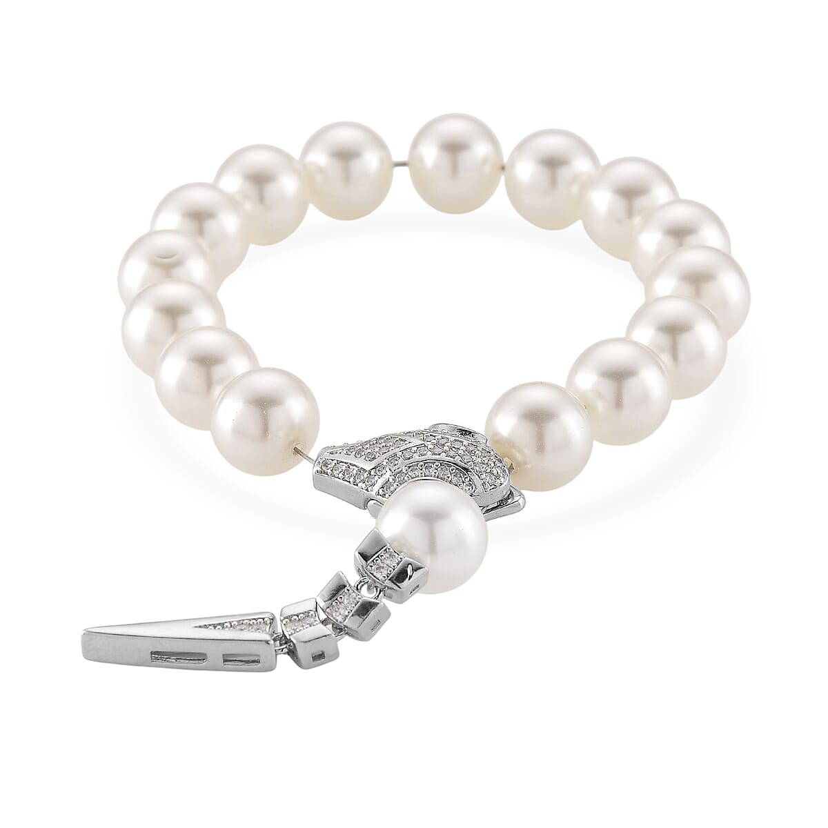 White Shell Pearl and Simulated Diamond Bracelet in Silvertone (7.00 In) image number 1