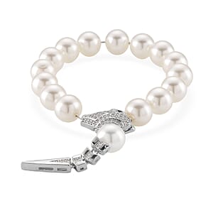 White Shell Pearl and Simulated Diamond Bracelet in Silvertone (7.00 In)