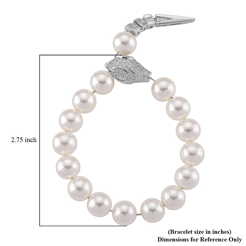 White Shell Pearl and Simulated Diamond Bracelet in Silvertone (7.00 In)