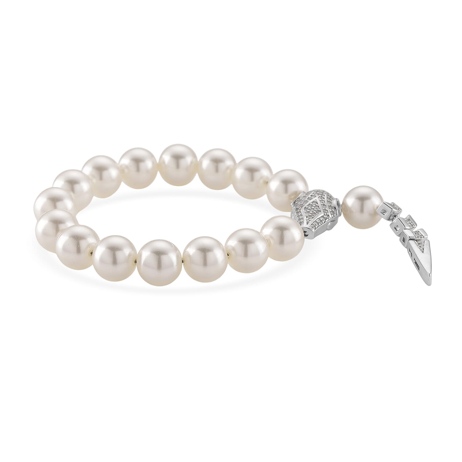 White Shell Pearl and Simulated Diamond Bracelet in Silvertone (7.50 In)