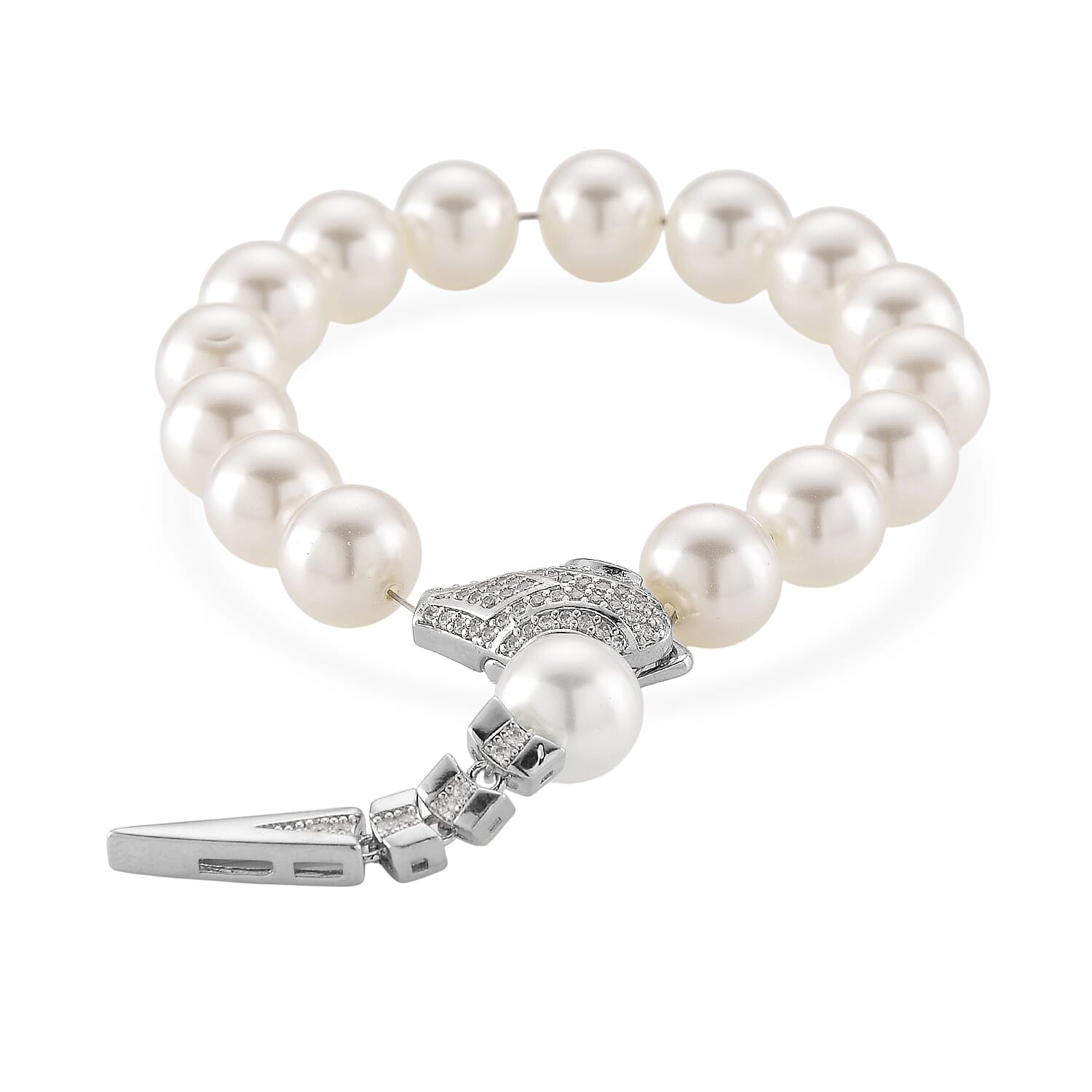 White Shell Pearl and Simulated Diamond Bracelet in Silvertone (7.50 In)