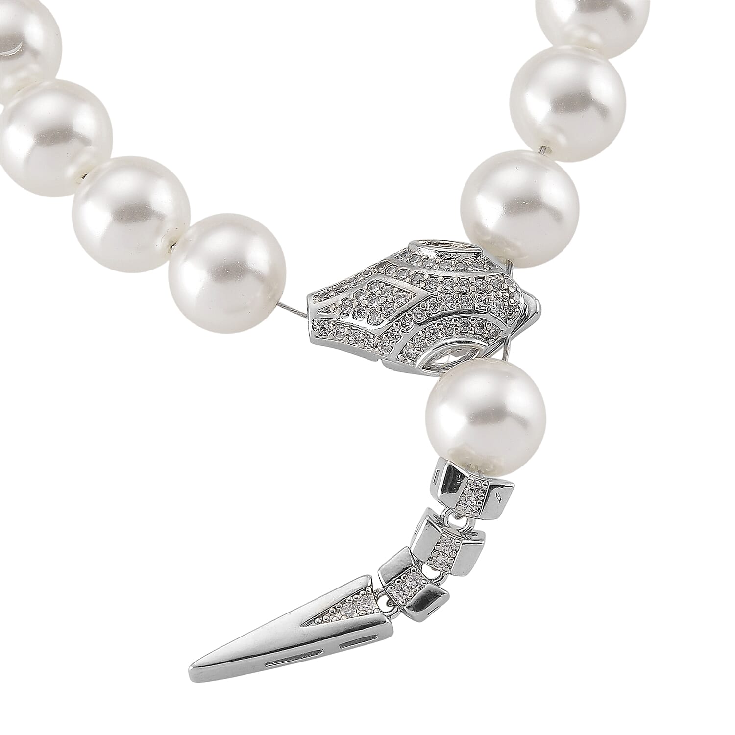 White Shell Pearl and Simulated Diamond Bracelet in Silvertone (7.50 In)