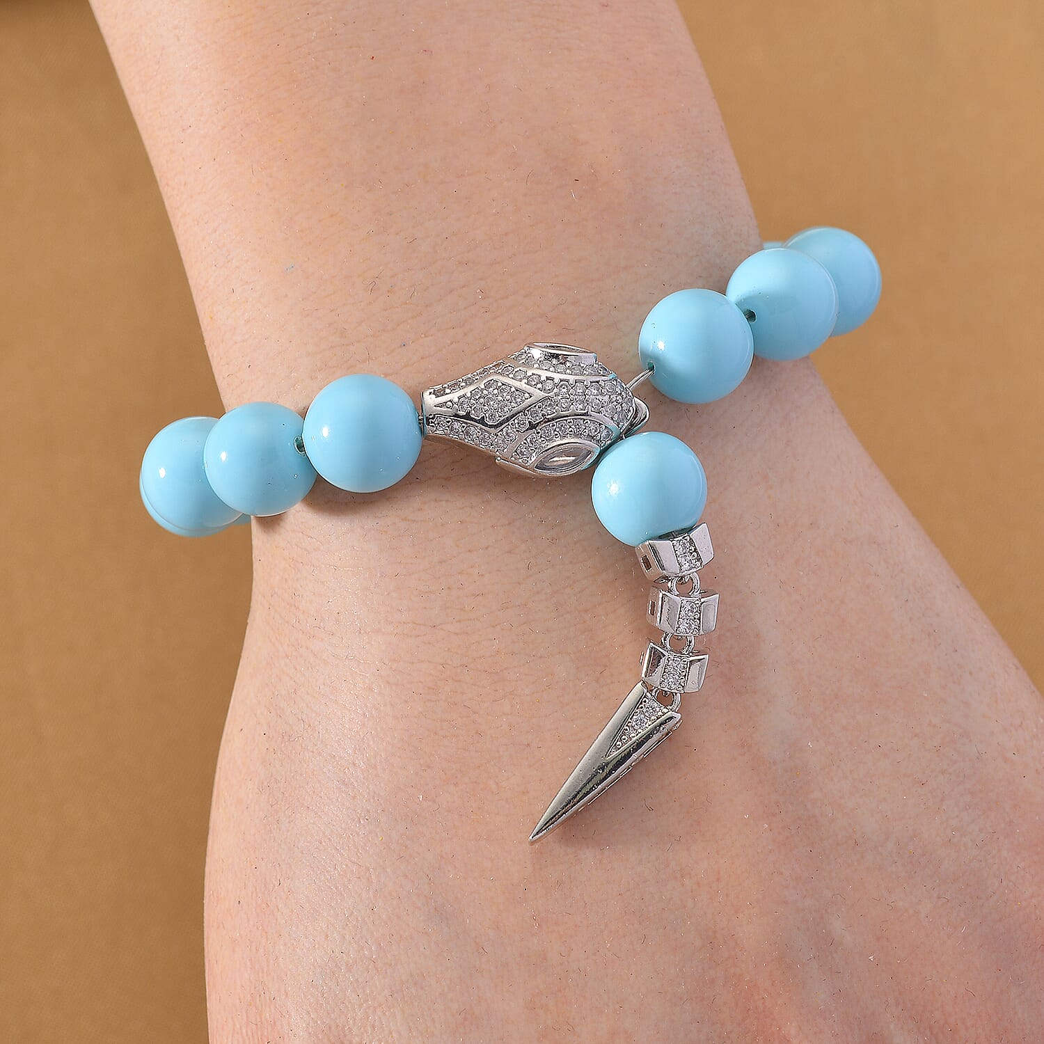 Sleeping Beauty Color Shell Pearl and Simulated Diamond Bracelet in Silvertone (7.50 In)