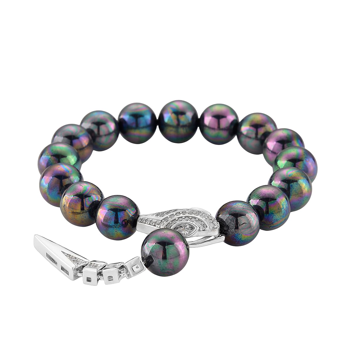 Peacock Color Shell Pearl and Simulated Diamond Bracelet in Silvertone (7.00 In) image number 3
