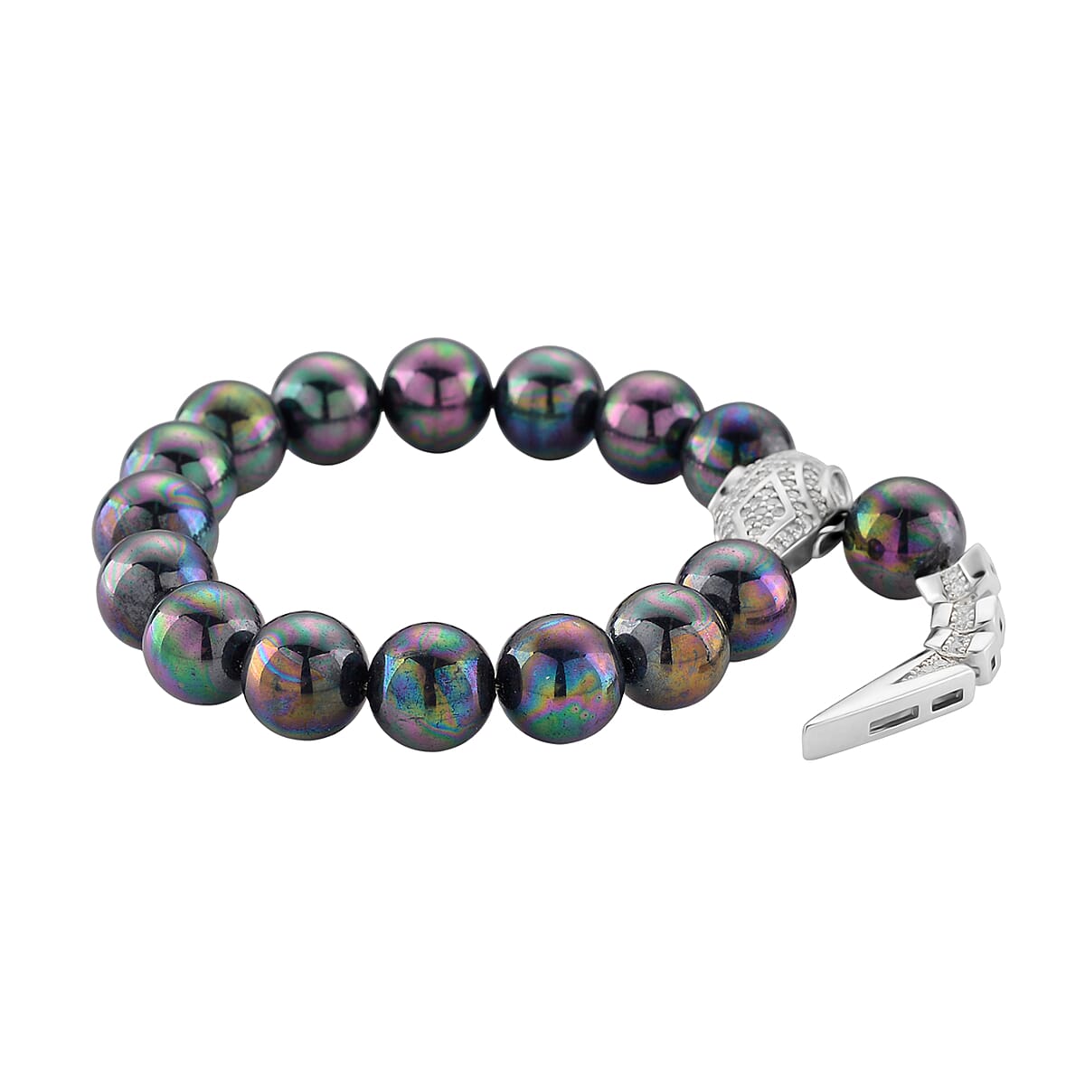 Peacock Color Shell Pearl and Simulated Diamond Bracelet in Silvertone (7.50 In) image number 3