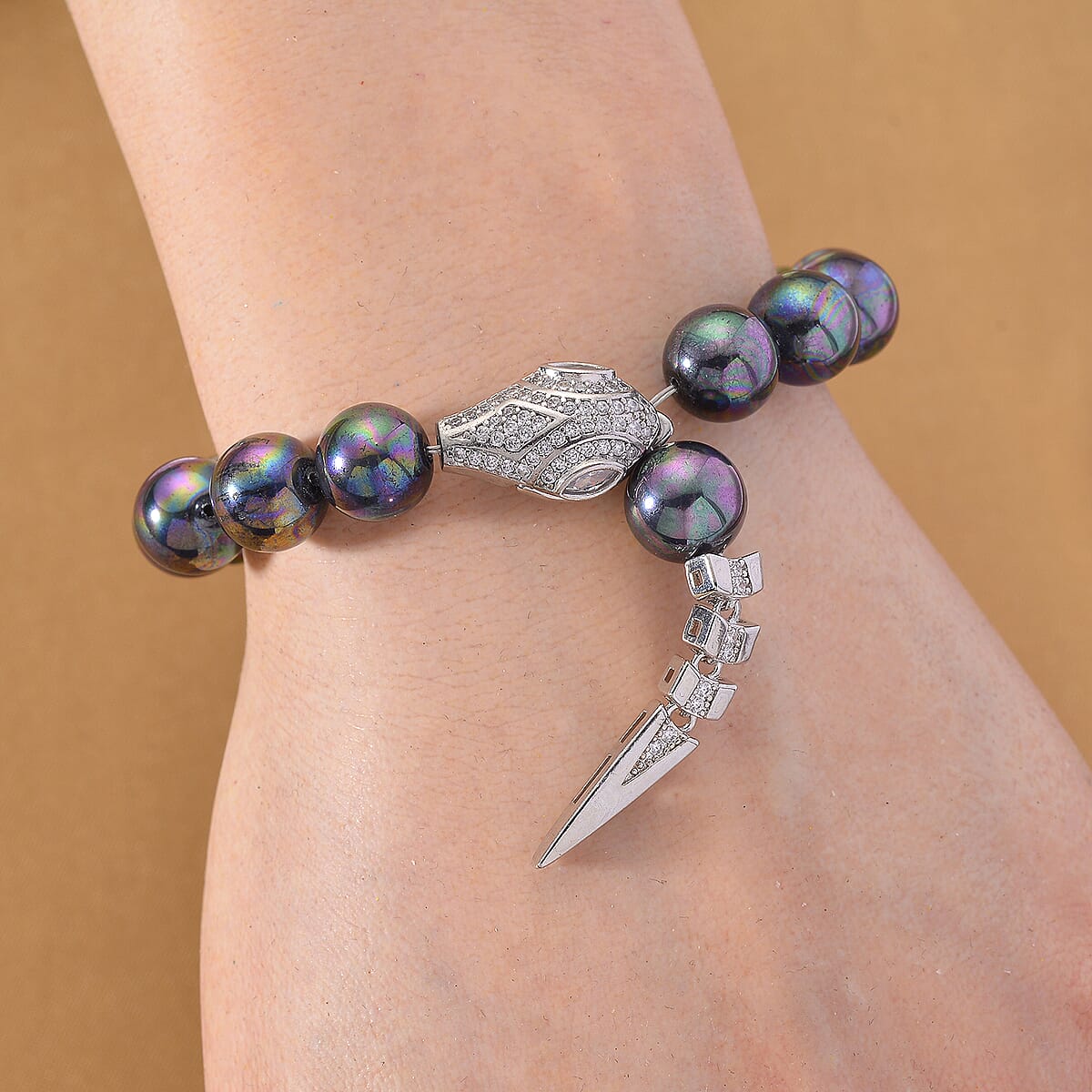 Peacock Color Shell Pearl and Simulated Diamond Bracelet in Silvertone (8.00 In) image number 2