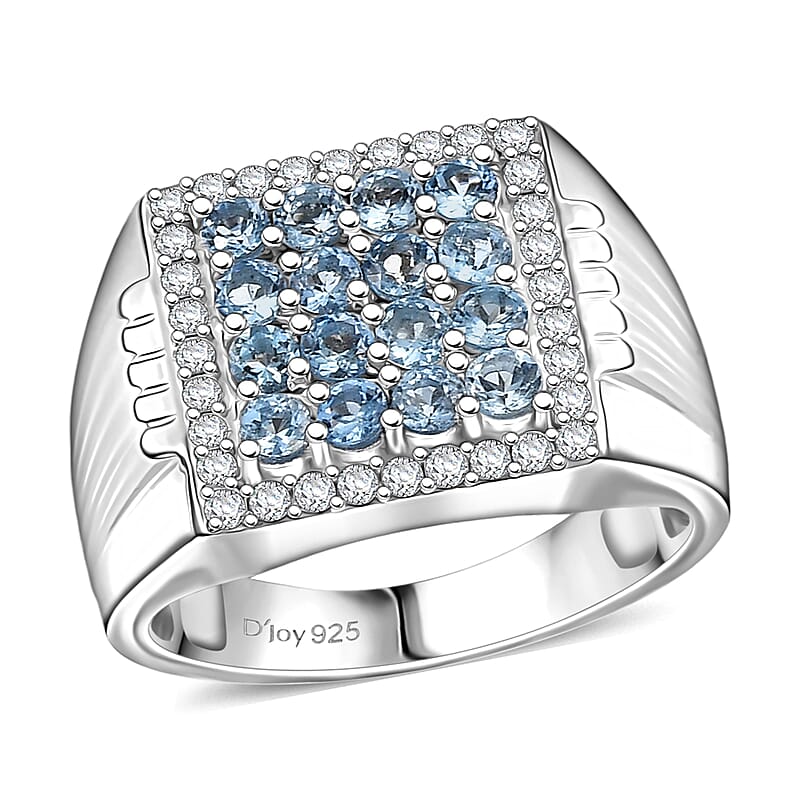 D Joy AAA Santa Maria Aquamarine, Moissanite Men's Ring in Rhodium Over Sterling Silver 1.40 ctw (Size 10.0)