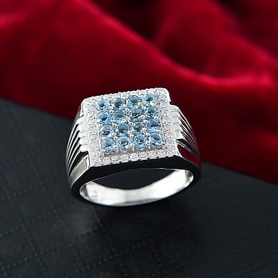 D Joy AAA Santa Maria Aquamarine, Moissanite Men's Ring in Rhodium Over Sterling Silver 1.40 ctw (Size 10.0)