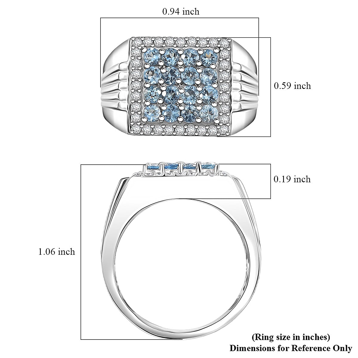 D Joy AAA Santa Maria Aquamarine, Moissanite Men's Ring in Rhodium Over Sterling Silver 1.40 ctw (Size 10.0)