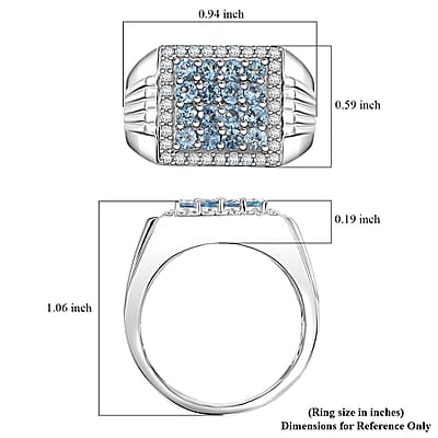 D Joy AAA Santa Maria Aquamarine, Moissanite Men's Ring in Rhodium Over Sterling Silver 1.40 ctw (Size 10.0)