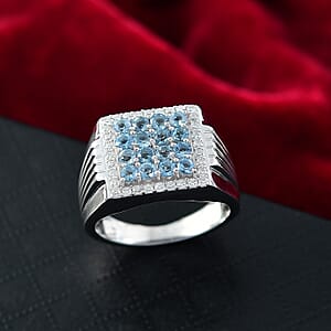 D Joy AAA Santa Maria Aquamarine, Moissanite Men's Ring in Rhodium Over Sterling Silver 1.40 ctw (Size 11.0)