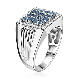 D Joy AAA Santa Maria Aquamarine, Moissanite Men's Ring in Rhodium Over Sterling Silver 1.40 ctw (Size 11.0)