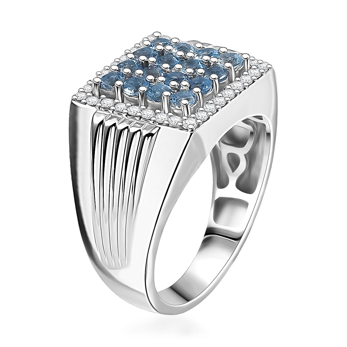 D&rsquo;Joy AAA Santa Maria Aquamarine and Moissanite 1.40 ctw Ocean Crest Men's Ring in Rhodium Over Sterling Silver (Size 13.0) image number 3