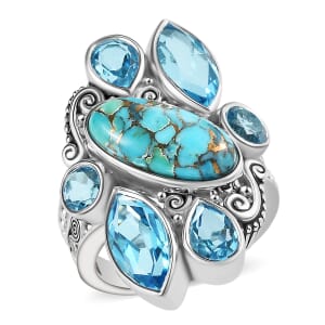Sajen Silver Recon Turquoise and Celestial Swiss Blue Doublet Quartz Ring in Rhodium Over Sterling Silver (Size 11.0)