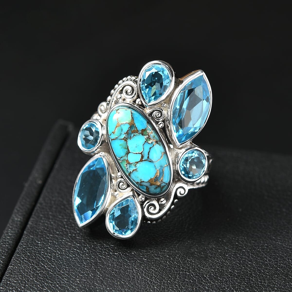 Sajen Silver Recon Turquoise and Celestial Swiss Blue Doublet Quartz Ring in Rhodium Over Sterling Silver (Size 11.0) image number 1