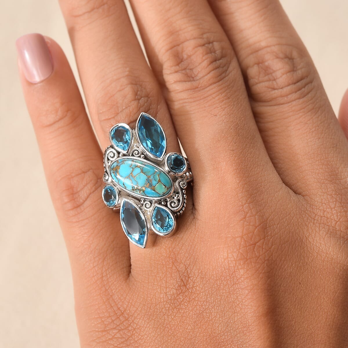 Sajen Silver Recon Turquoise and Celestial Swiss Blue Doublet Quartz Ring in Rhodium Over Sterling Silver (Size 11.0) image number 2