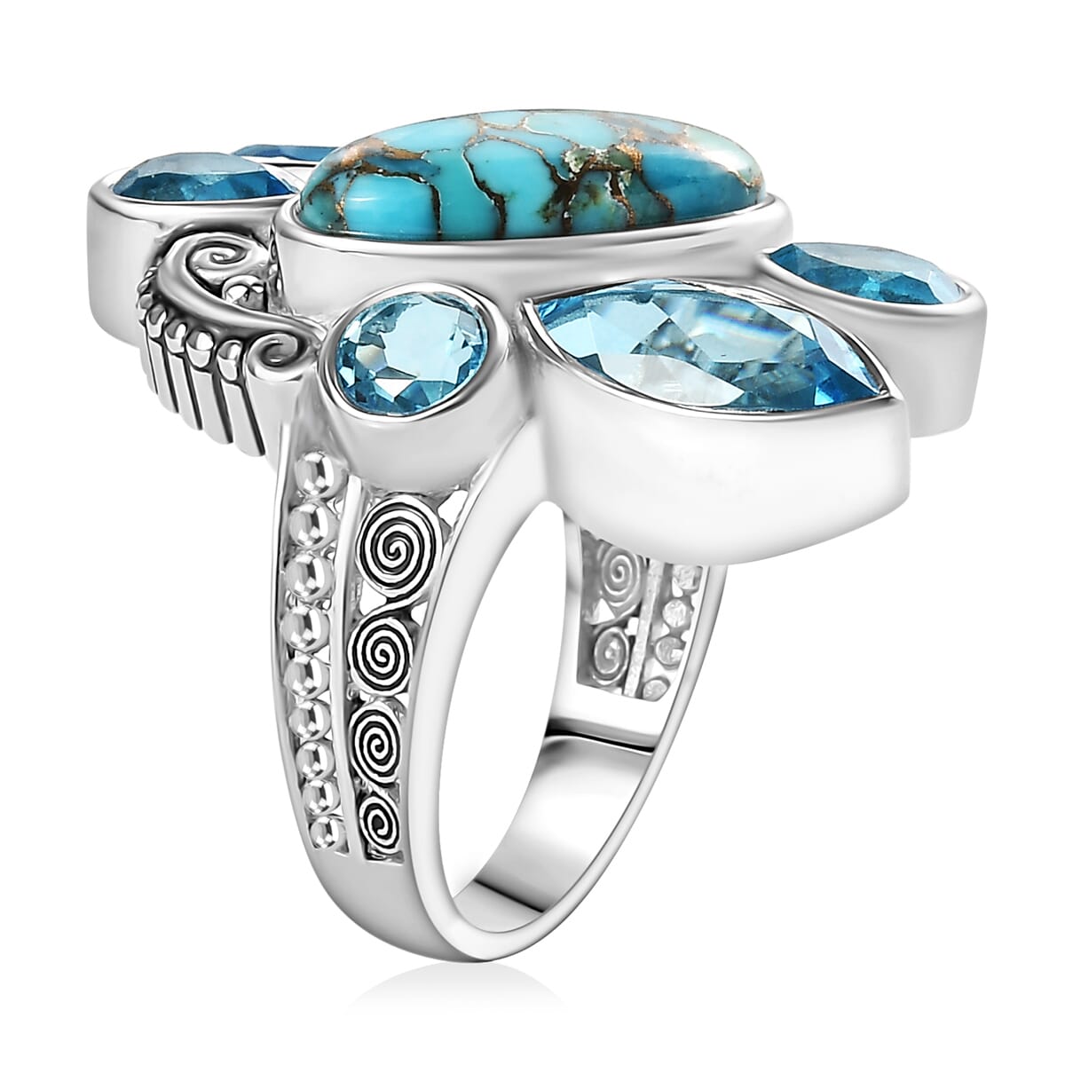 Sajen Silver Recon Turquoise and Celestial Swiss Blue Doublet Quartz Ring in Rhodium Over Sterling Silver (Size 11.0) image number 3