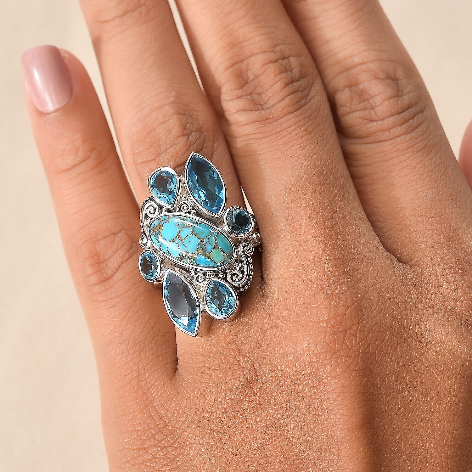 Epic Deal Sajen Silver Royston Turquoise, Celestial Swiss Blue Doublet Quartz Ring in Rhodium Over Sterling Silver (Size 5.0) 10.75 ctw